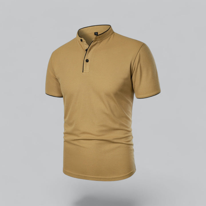 Versatile men's collarless polo, modern classic for business casual and spring style.