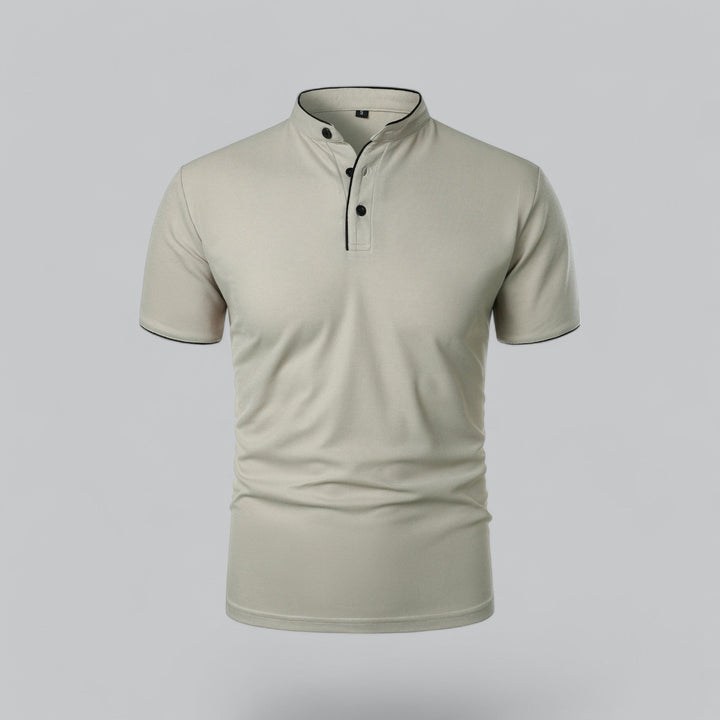 Sophisticated men's polo shirt, collarless old money aesthetic for refined summer wear.