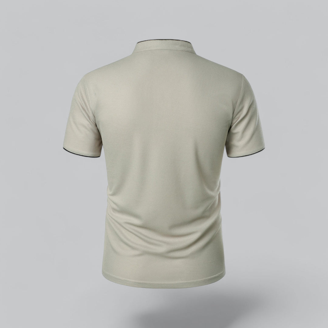 Refined collarless polo for men, smart casual short sleeve top, ideal for spring.