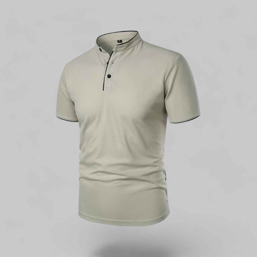 Men's old money style collarless polo, a classic short sleeve shirt for versatile wear.