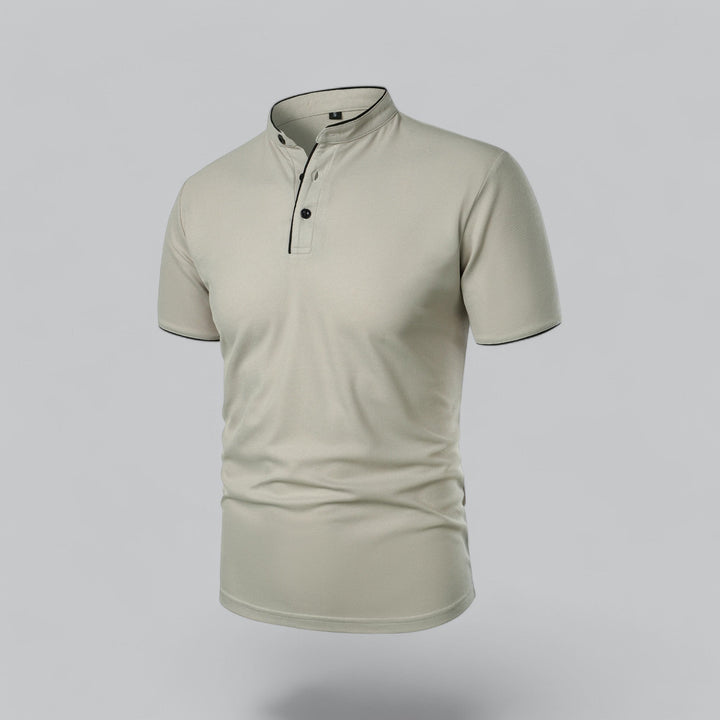 Men's old money style collarless polo, a classic short sleeve shirt for versatile wear.