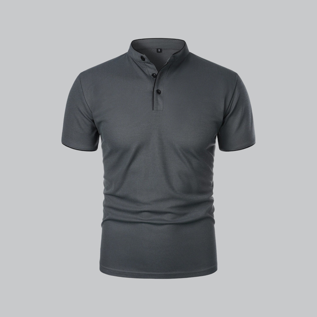Modern classic men's collarless polo, perfect for smart casual summer fashion.