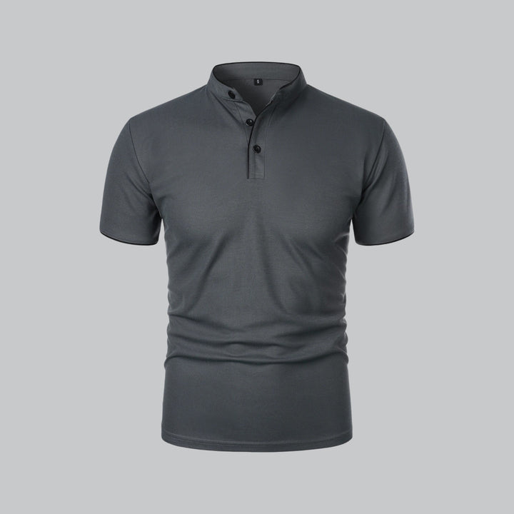 Modern classic men's collarless polo, perfect for smart casual summer fashion.