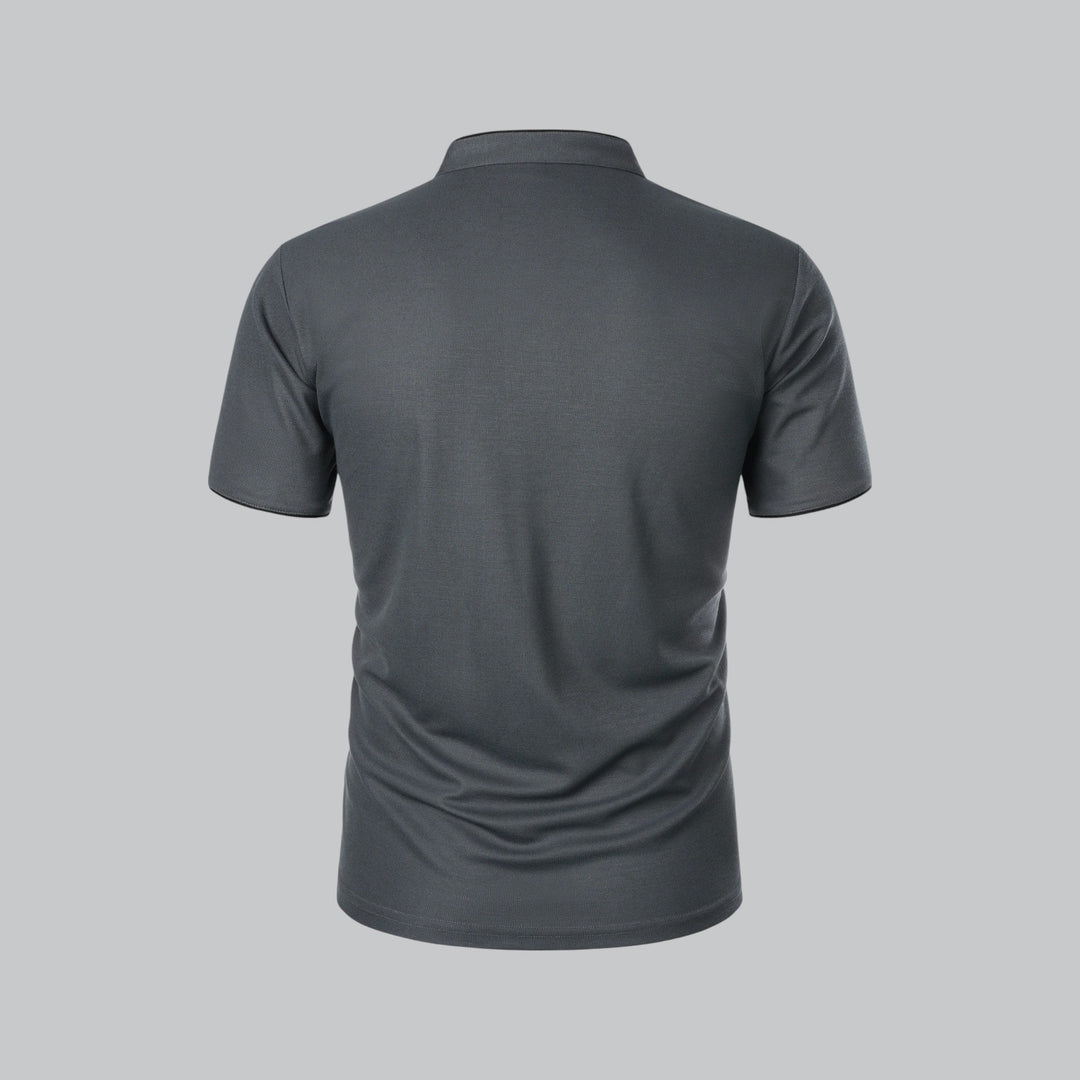Light blue men's collarless polo shirt, sophisticated old money style for spring.