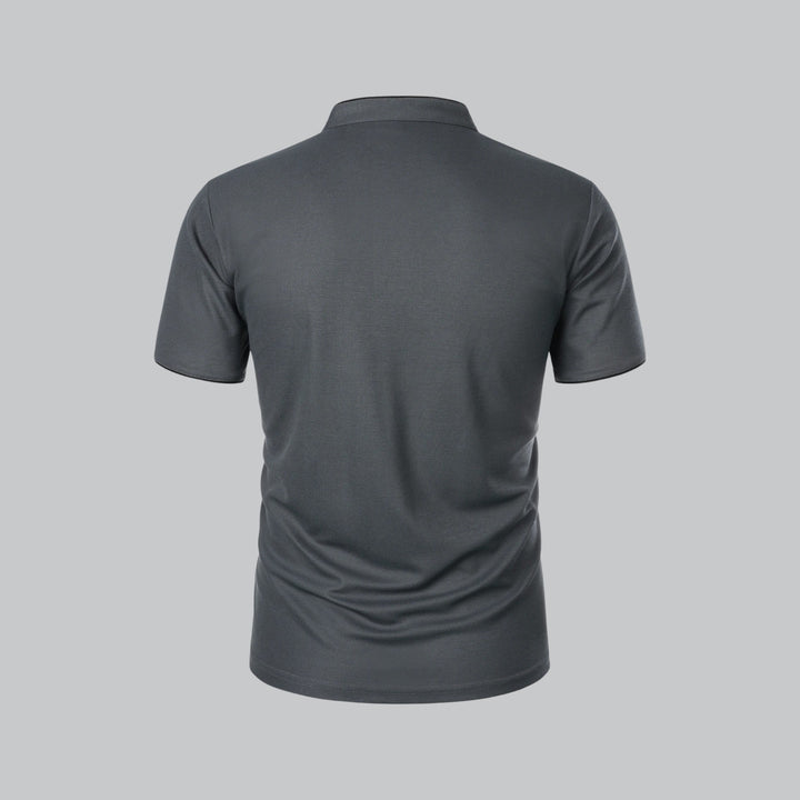 Light blue men's collarless polo shirt, sophisticated old money style for spring.