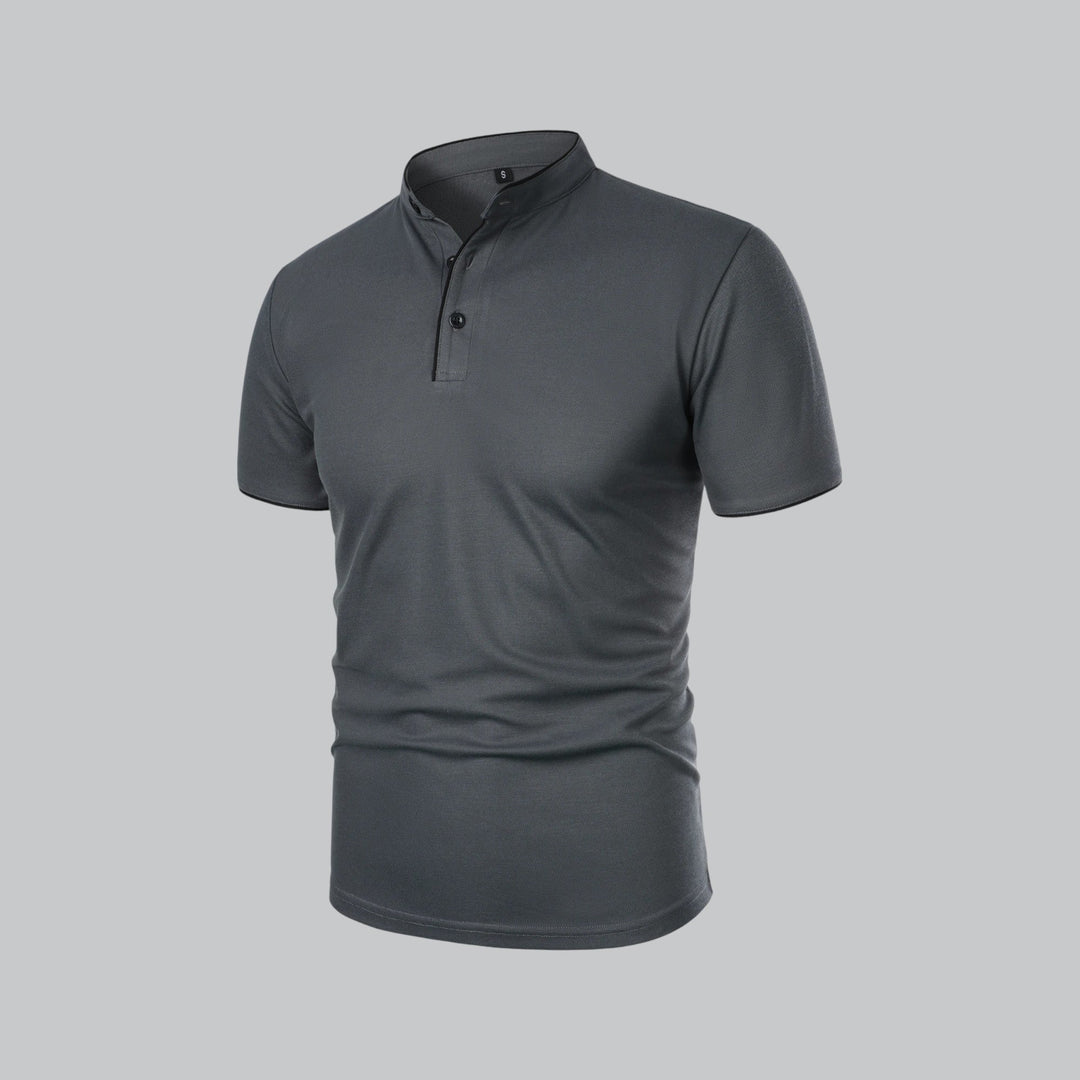 Navy men's collarless polo, refined short sleeve top for business casual elegance.