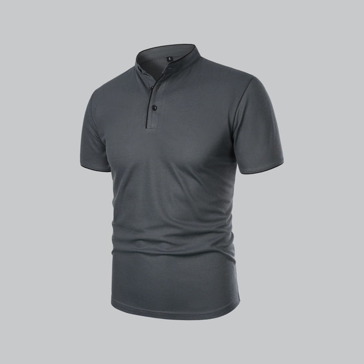 Navy men's collarless polo, refined short sleeve top for business casual elegance.