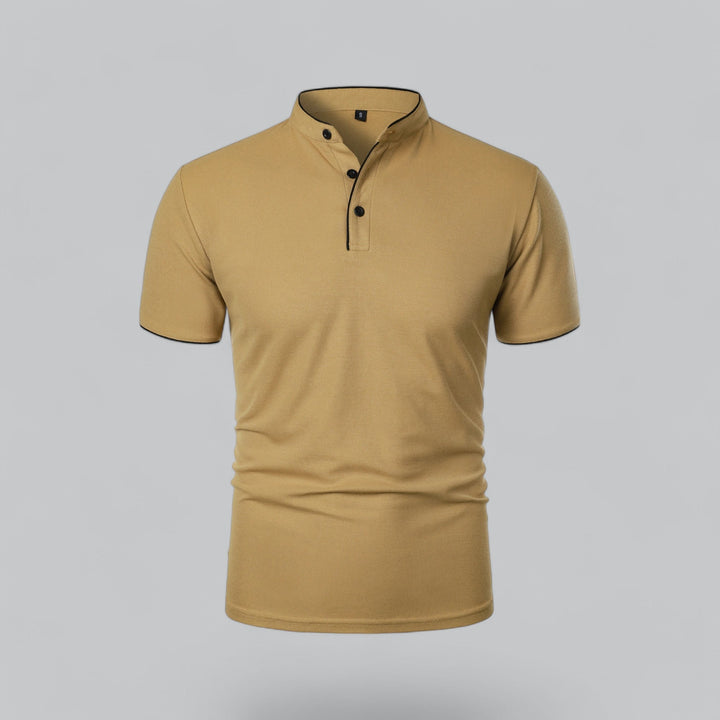 Men's collarless polo shirt, sophisticated old money style for smart casual look.