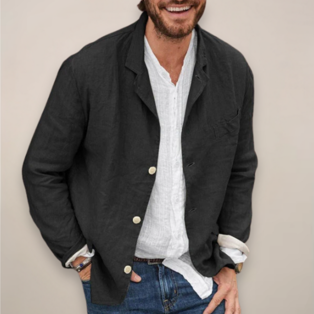Breathable men's relaxed fit summer blazer jacket for warm weather. A lightweight and comfortable casual option.