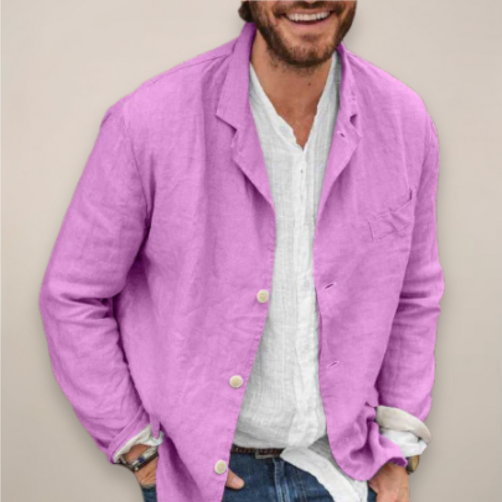 Trendy men's breathable summer blazer, relaxed fit. A lightweight casual jacket for warm weather menswear.