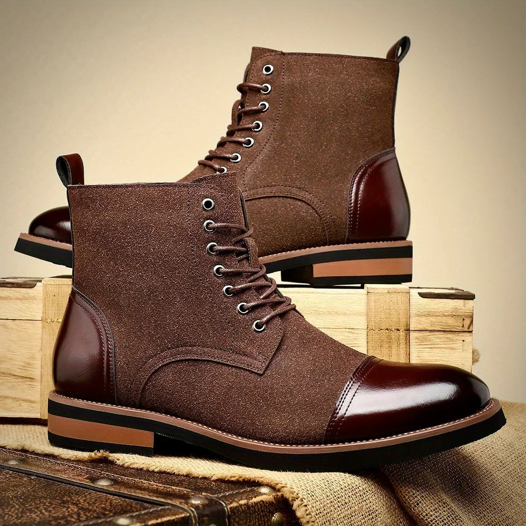 Modern men's two-tone hybrid ankle boots. Smart lace-up design, perfect for business casual or formal events.