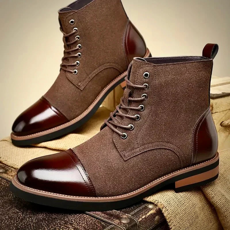Coffee & black two-tone men's ankle boots. Hybrid dress boots, ideal for smart casual and formal footwear.