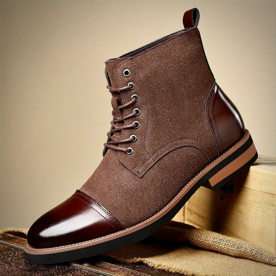 Men's hybrid two-tone ankle boots, blending smart casual and formal styles. Elegant lace-up dress boots.