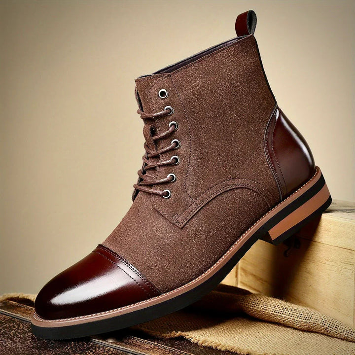 Men's hybrid two-tone ankle boots, blending smart casual and formal styles. Elegant lace-up dress boots.