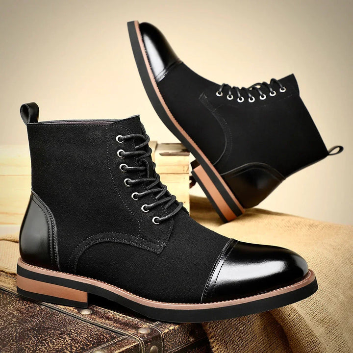 Men's two-tone hybrid ankle boots. Smart casual, lace-up dress boots for formal or business style. Dark blue/coffee.