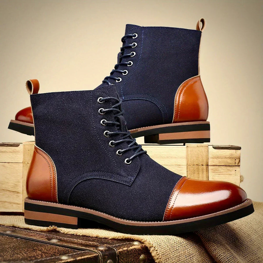 Dark blue & coffee two-tone men's lace-up ankle boots. Stylish hybrid dress boots for smart occasions.