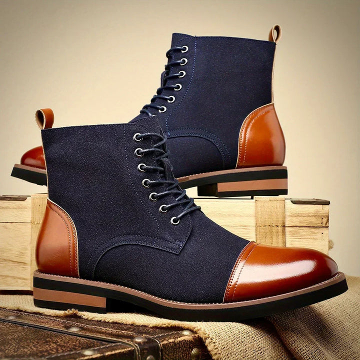Dark blue & coffee two-tone men's lace-up ankle boots. Stylish hybrid dress boots for smart occasions.