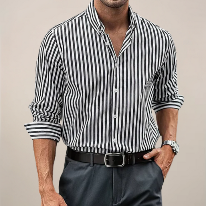 Blue men's striped button-front shirt with long sleeves, ideal for casual outfits & autumn fashion.