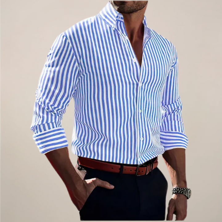 Black men's long-sleeve striped button-front shirt, versatile for both casual and smart formal wear.