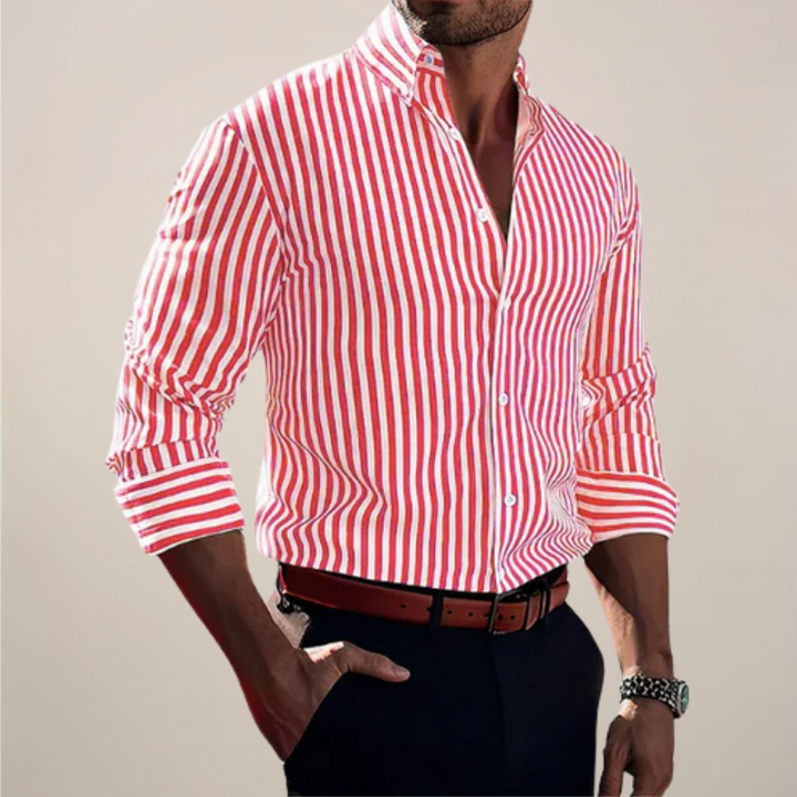 Stylish men's button-front shirt featuring a crisp striped pattern & long sleeves, great for any occasion.
