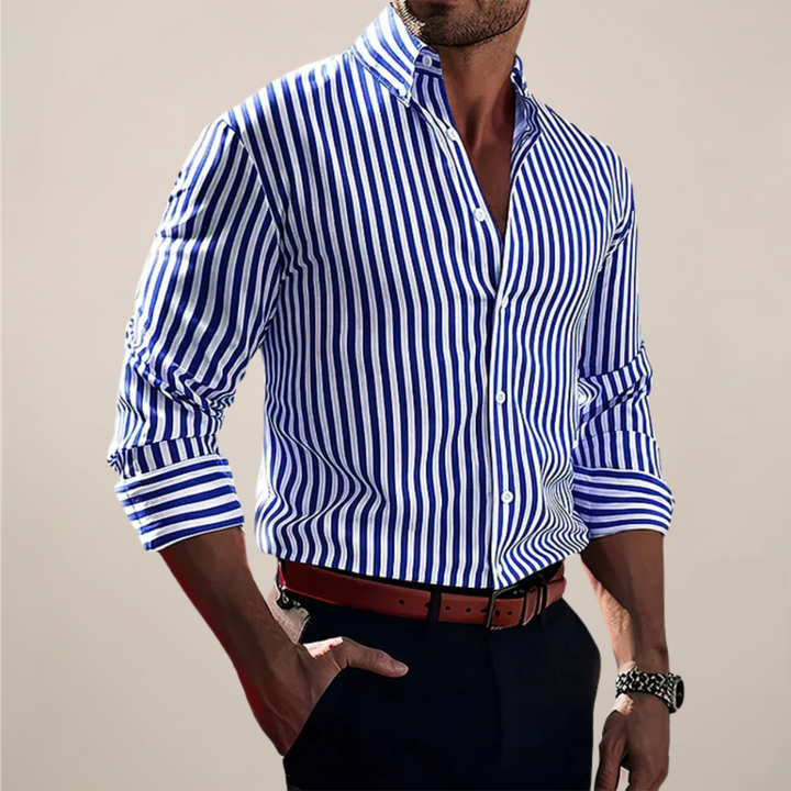 Men's stylish long-sleeve striped button-front shirt for smart casual or formal wear. Perfect for autumn fashion.