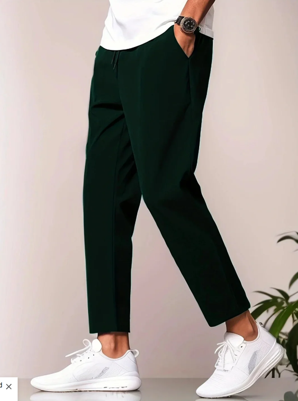 Men's tapered casual trousers, elastic waist. Lightweight modern fit pants, ideal for everyday and travel wear.