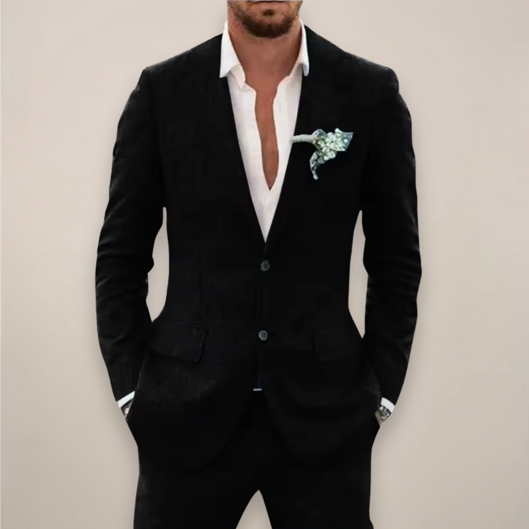 Meticulously tailored men's formal two-piece suit, showcasing high-quality fabric & classic design for elegant events.