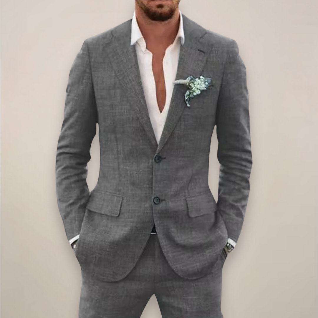 Modern men's fashion: a sleek, tailored two-piece suit, perfect for contemporary formal events & elegant parties.