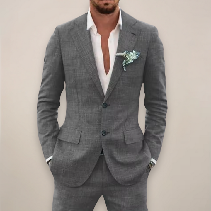Modern men's fashion: a sleek, tailored two-piece suit, perfect for contemporary formal events & elegant parties.