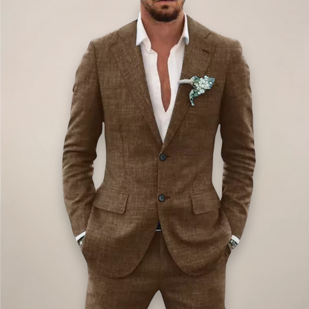Detailed view of a men's classic tailored two-piece suit, showcasing its sharp fit and elegant lapels.