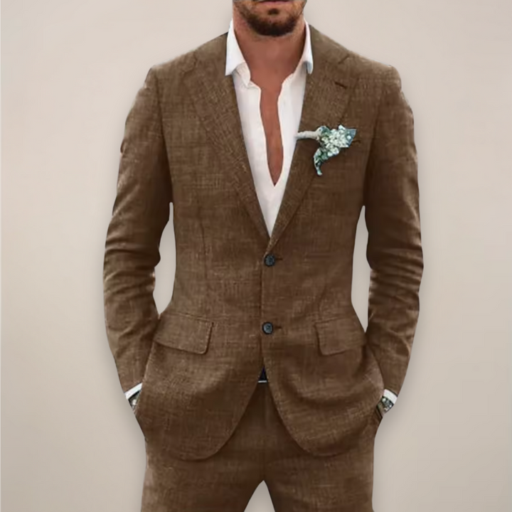 Detailed view of a men's classic tailored two-piece suit, showcasing its sharp fit and elegant lapels.