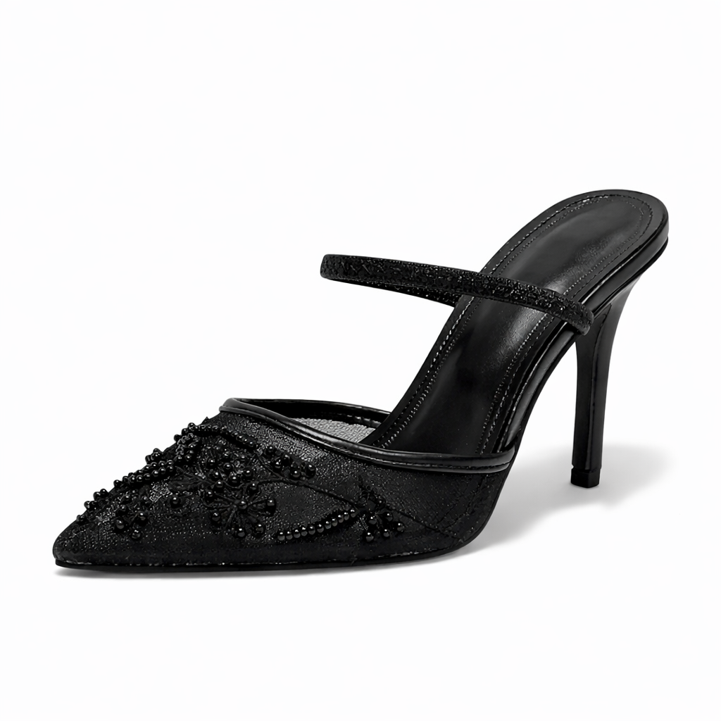 Sophisticated women's pointed-toe embroidered dress heels, slip-on mules for elegant parties & occasions.