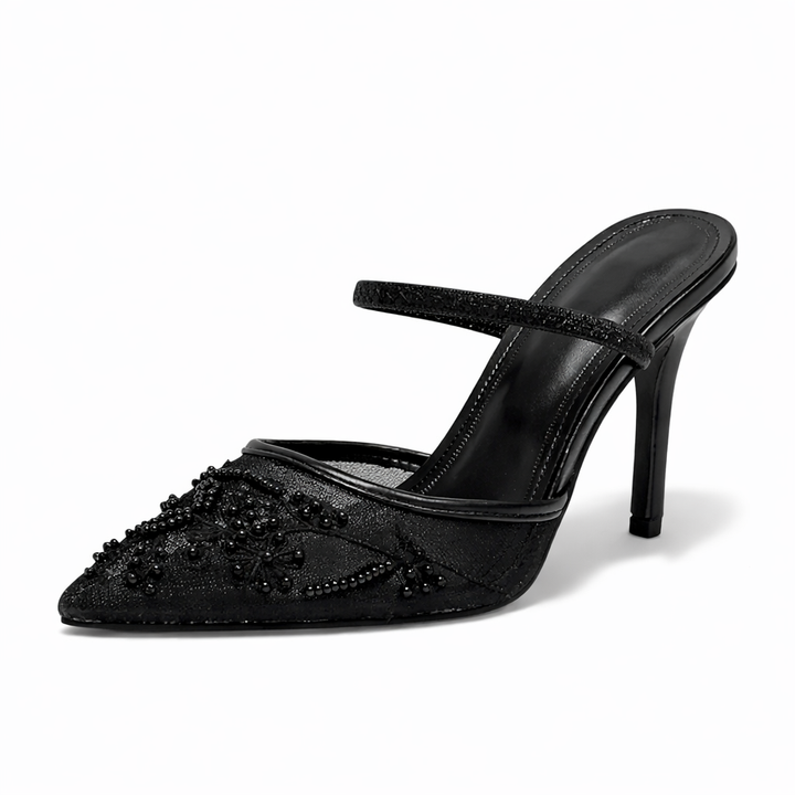 Sophisticated women's pointed-toe embroidered dress heels, slip-on mules for elegant parties & occasions.