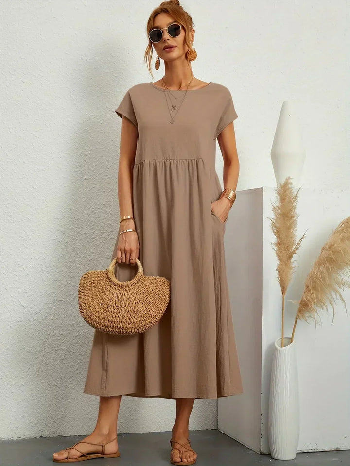 Everyday wear women's midi dress, chic, comfortable, and elegantly casual.