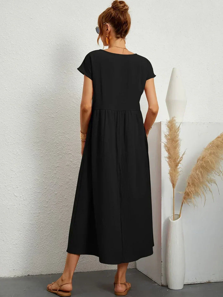 Front view of women's casual elegant midi dress, perfect for versatile styling.