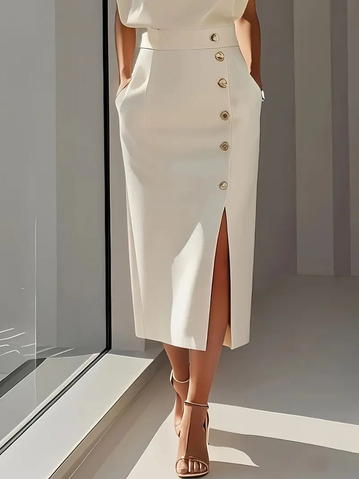 Chic women's midi dress showcasing a fashionable side slit and refined button details, ideal for formal occasions.