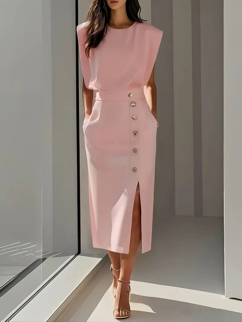 Formal elegant women's midi dress with a sophisticated side slit and button accents, suitable for special events.