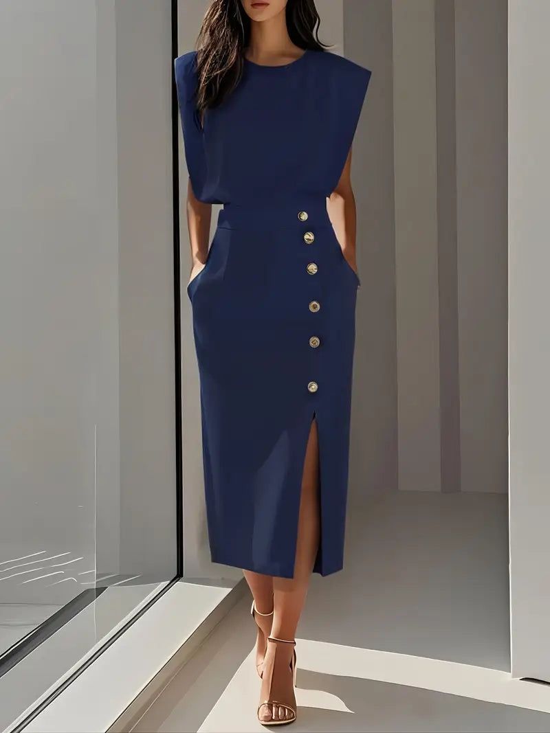 Women's elegant midi dress with a trendy side slit and unique button detail, a stylish fashion statement.