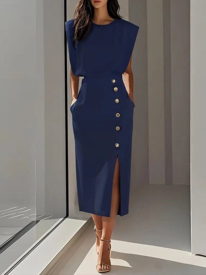 Women's elegant midi dress with a trendy side slit and unique button detail, a stylish fashion statement.