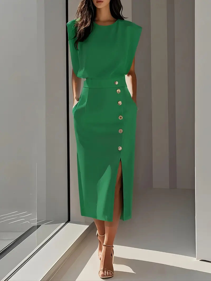 Stylish women's midi dress, perfect for both day & evening wear, featuring an elegant side slit & button detail.