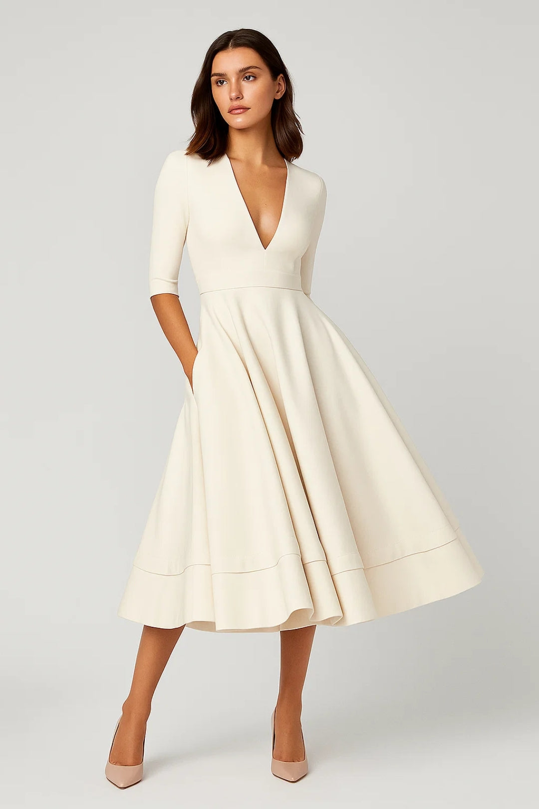 Elegant women's V-neck A-line midi dress with 3/4 sleeves, perfect for formal events, weddings, or cocktail parties.