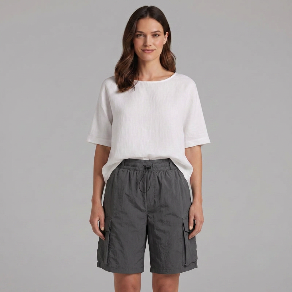 Effortless style with women's relaxed fit cargo Bermuda shorts, featuring an adjustable waist for summer fashion.