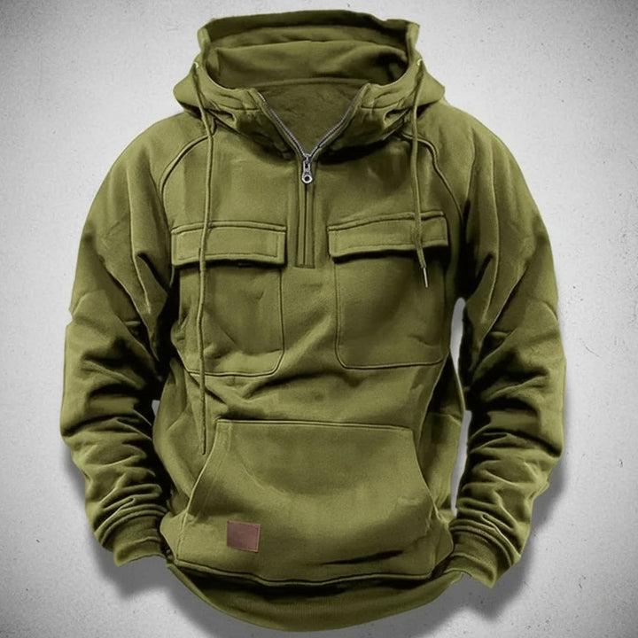 Men's quarter zip hoodie in a relaxed fit, perfect for casual wear & everyday comfort. Essential men's fashion.