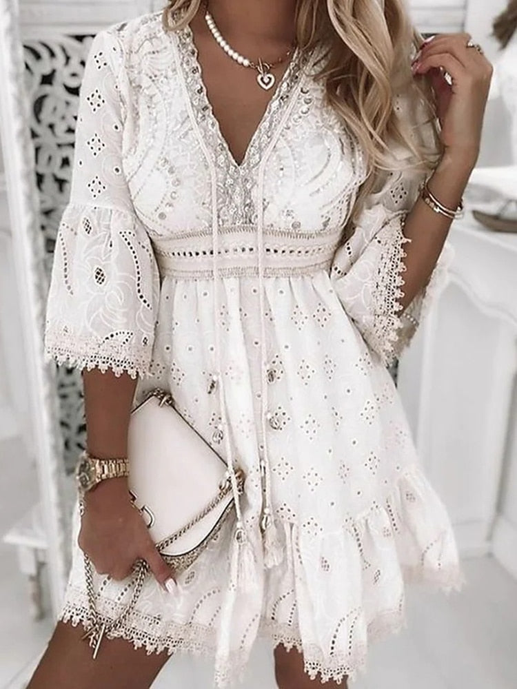 Stylish women's boho lace summer dress with half sleeves. Elegant and comfortable, great for spring/summer fashion.