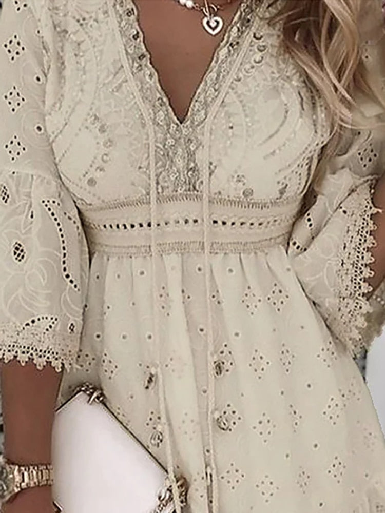 Comfortable women's half sleeve boho lace summer dress. Light, airy, and flowy for casual summer days.