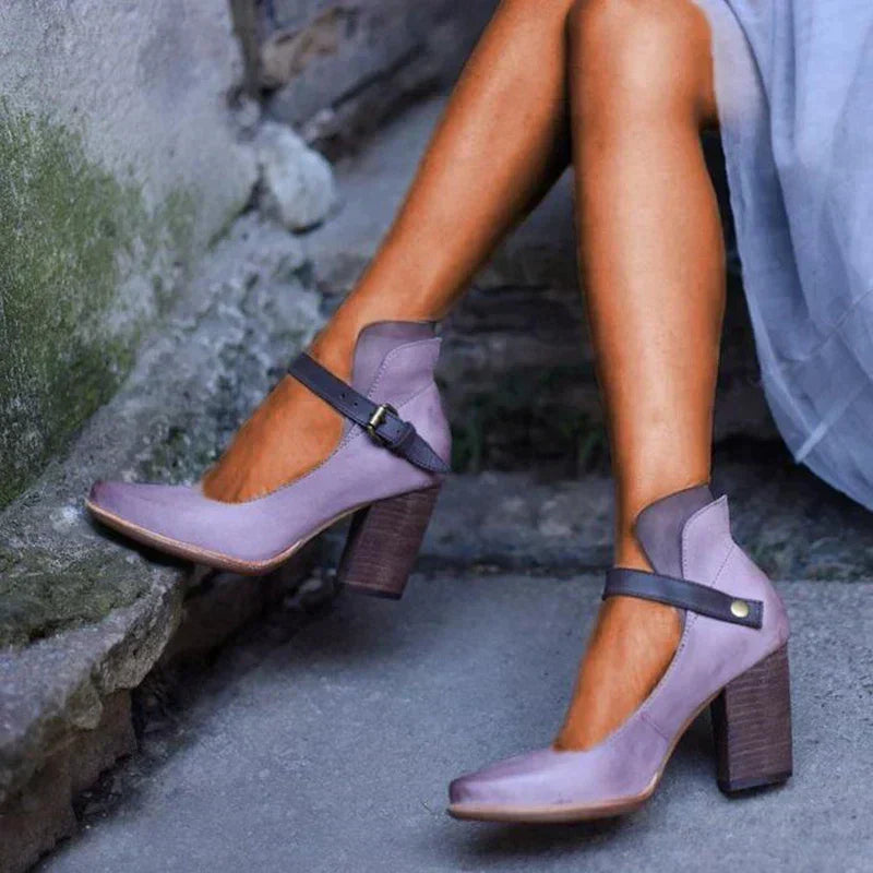 Elegant women's closed toe block heels with secure ankle strap, perfect for work, parties, or formal events.
