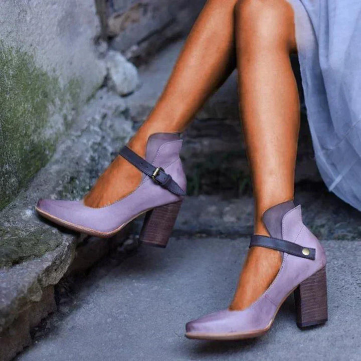Elegant women's closed toe block heels with secure ankle strap, perfect for work, parties, or formal events.