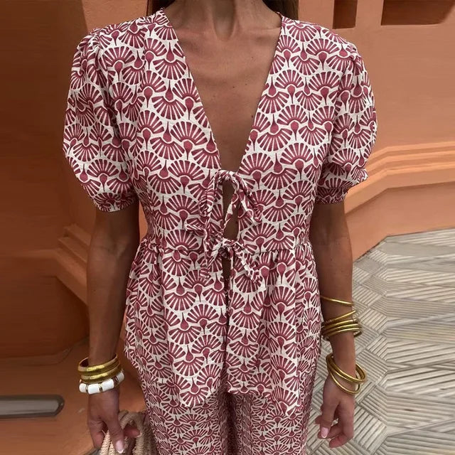 Women's comfortable patterned matching outfit, versatile for elegant casual wear or travel.