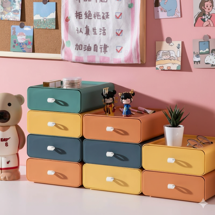 Colorful stackable storage drawer organizer for bathroom & office. Modern design, maximizes space.