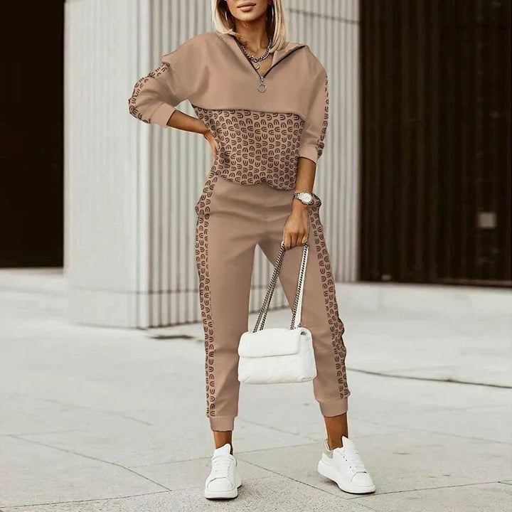 Women's modern casual tracksuit with a stylish zipper top, perfect for loungewear or activewear.
